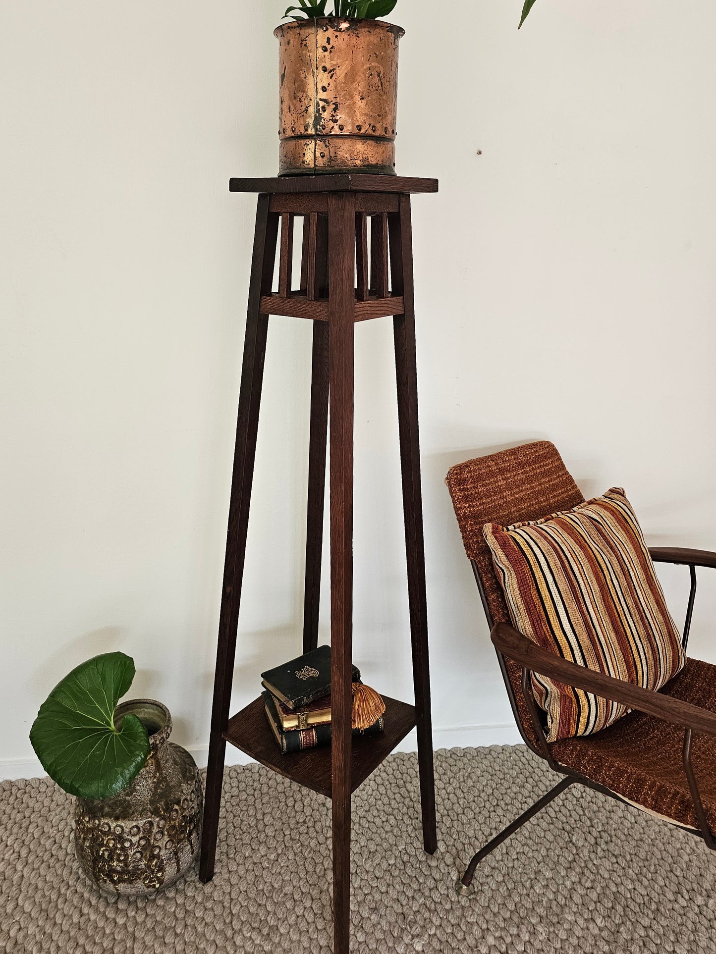 Tall Antique Oak Plant Stand